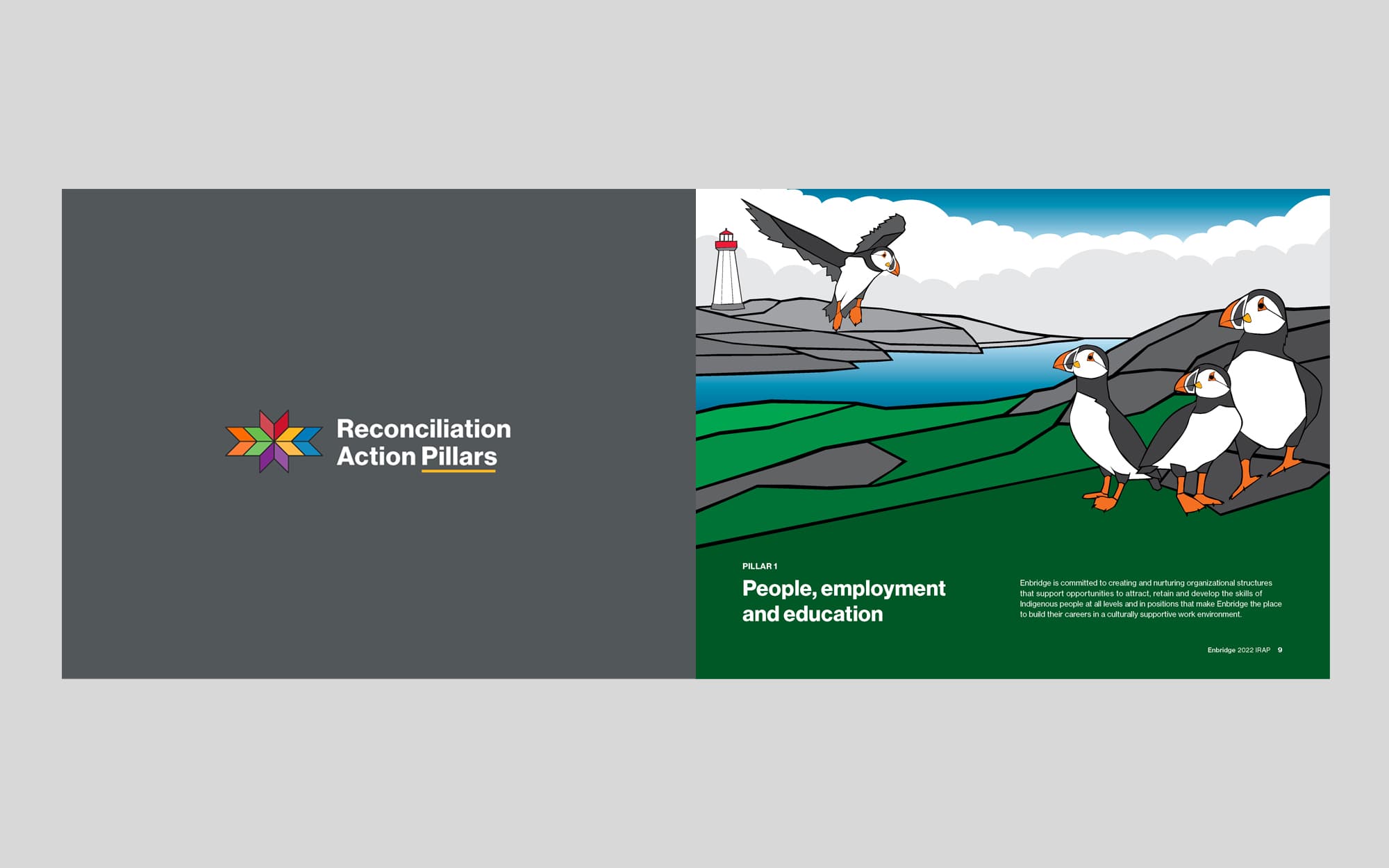 report spread with puffins